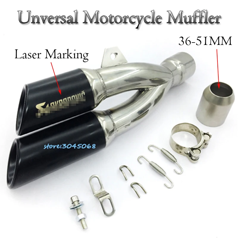 

36~51MM Unversal Muffler Double Hole Exhaust Motorcycle Escape Moto With Akrapovic Laser Marking For 250 ABS Z250 300 Z300 Z250