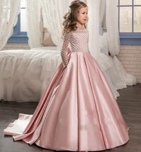 Long Sleeves Sheer Neck Pageant Dress for Girls With Bow Button Pink Satin Court Train Long Flower Girl Dresses for Weddings lovely lace flower girl dresses hi low jewel neck pink long sleeve pageant dresses fluffy tiered satin girls pageant dress