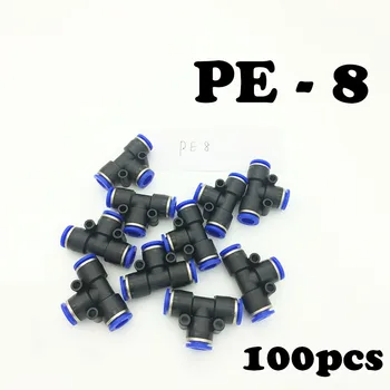

100pcs/lot PE-8 Pneumatic 8mm to 8mm to 8mm Equal Union Tee Push In Quick Fitting Connector Fitting PE Connector T Type 3 Way Pi