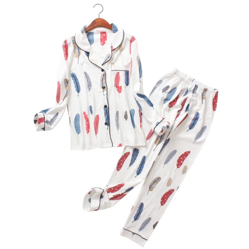 

Autumn Pure Cotton Long-sleeved Pajamas Korean Version Sweet Loose Cardigan Pyjamas Women Feather Printing Pijamas House Suit