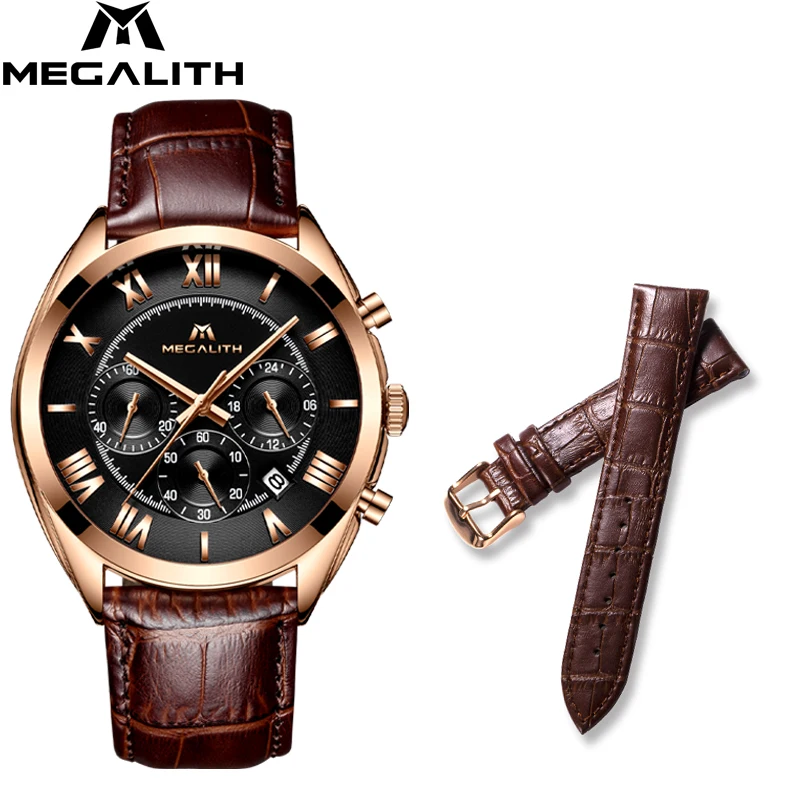 

MEGALITH Men Watch Set Waterproof Sport Chronograph Date Calendar Quartz Watches Mens Luxury Business Brown Leather Wristwatches