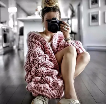 

Fashion Fluffy Hollow Knitted Sweater 2018 Autumn Winter Plus size Cardigans Sweaters Women Pink Loose Casual Clothing