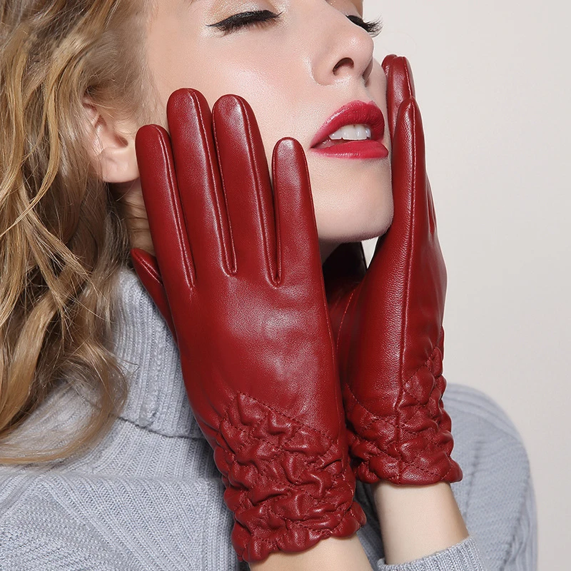Genuine leather gloves women's winter sheepskin gloves women's