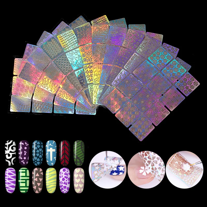 

24/12/6/3 Sheets Holographic Hollow Nail Stencil Stickers Laser Vinyls Transfer Tips Guide Heart Star Nail Decoration
