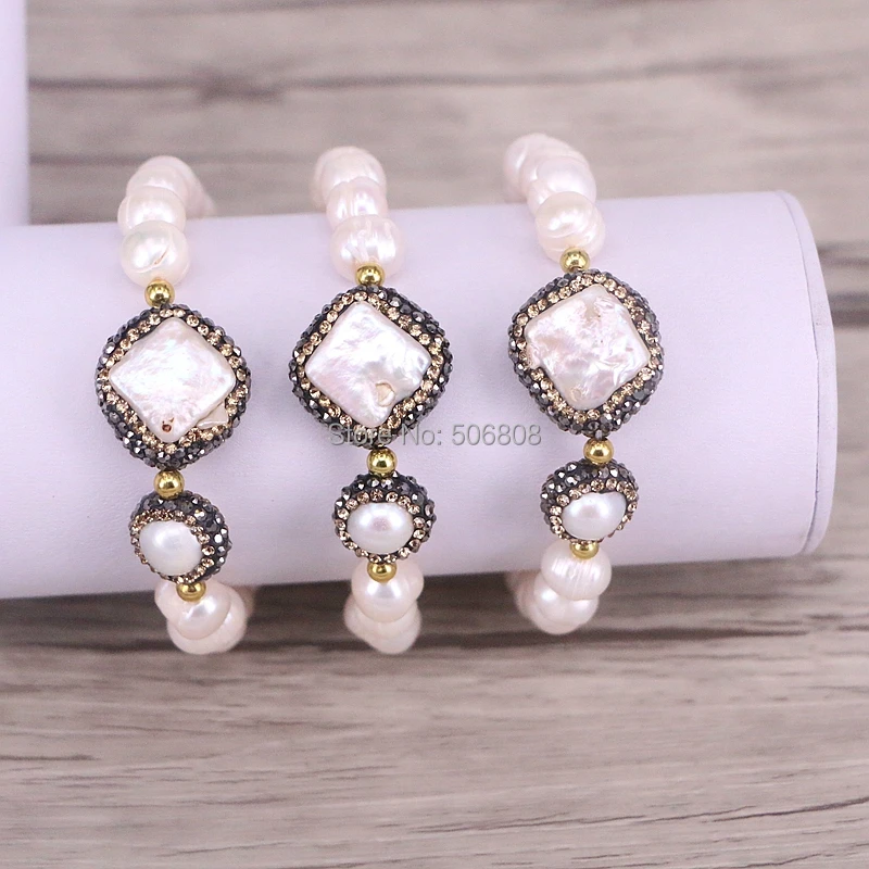 

5PCS Zyunz Jewelry Handmade Natural Pearl bracelet Pave CZ Square & Round Pearl Spacer Beads Stretch Bracelets