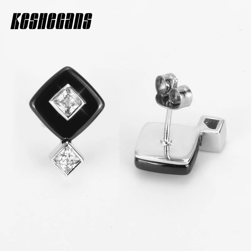 Новое поступление, Модный комплект из 2 Слои квадратный черный, белый цвет серьги-гвоздики из керамики для Для женщин кристалл серьги-пуссеты с простым дизайном Сталь ювелирные изделия