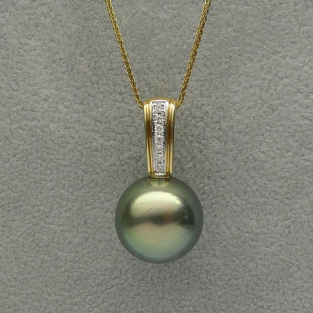 

free shipping 13.3MM Natural Green Real Tahitian Pearl Pendant 14 Solid Yellow Gold