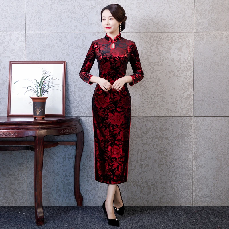 

Shanghai Story Long Cheongsam Velvet Qipao dress Chinese oriental dress Long Sleeve Party Dress For Women Keyhole Chinese Dress