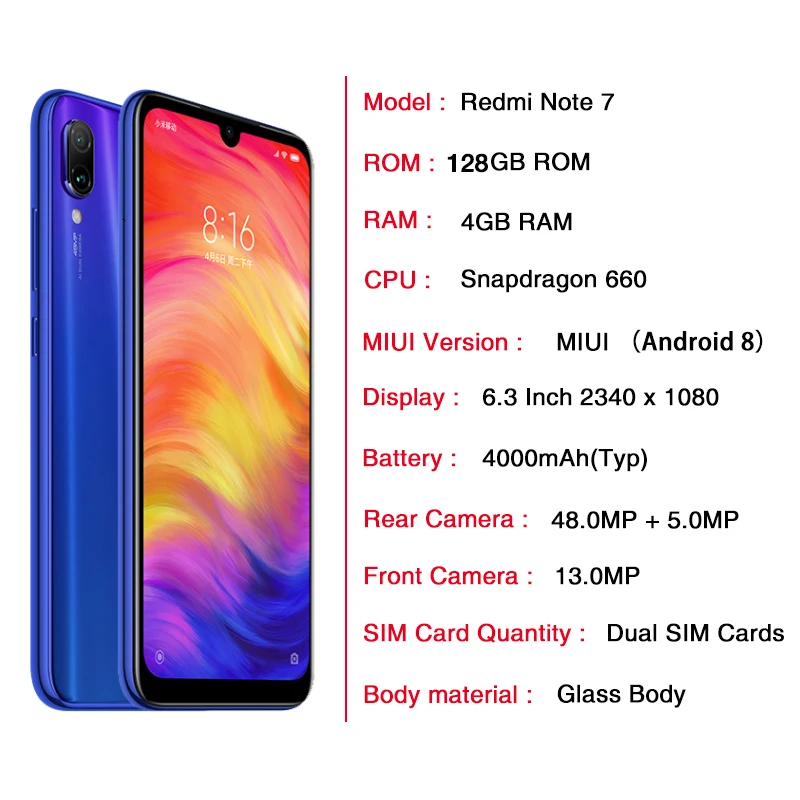 Глобальная версия Xiaomi Redmi Note 7 4G 128GB Смартфон Snapdragon 660 Octa Core 6," FHD+ 48MP Dual Cam 4000mAh FCC ID