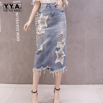 

Asymmetrical Tassel Florl Embroidered Flares Women Denim Skirts Medium Length Back Split Hole Ripped Ladies Straight Wrap Skirts