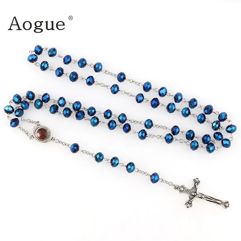 

6x8mm Dark Deep Blue Crystal Beads Rosary Catholic Necklace With Holy Soil Medal Crucifix Prayer Religious Jewelry