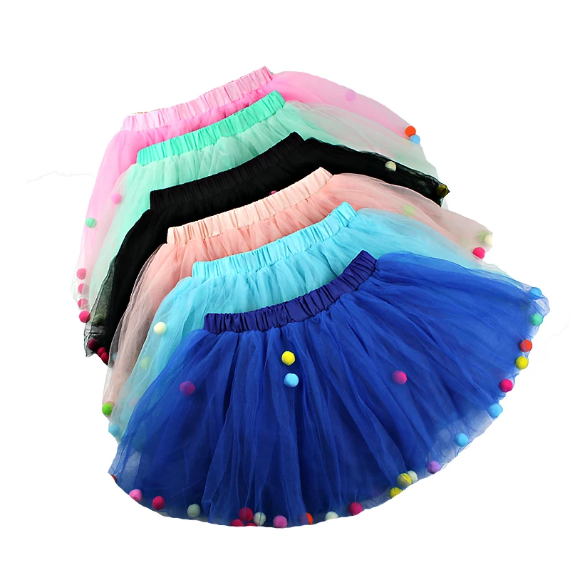 

New Baby Girls Tutu Skirts Kids Elastic Waist Pettiskirt Girl Princess Tulle Skirt Colorful Pompom mini Skirts Children Clothing