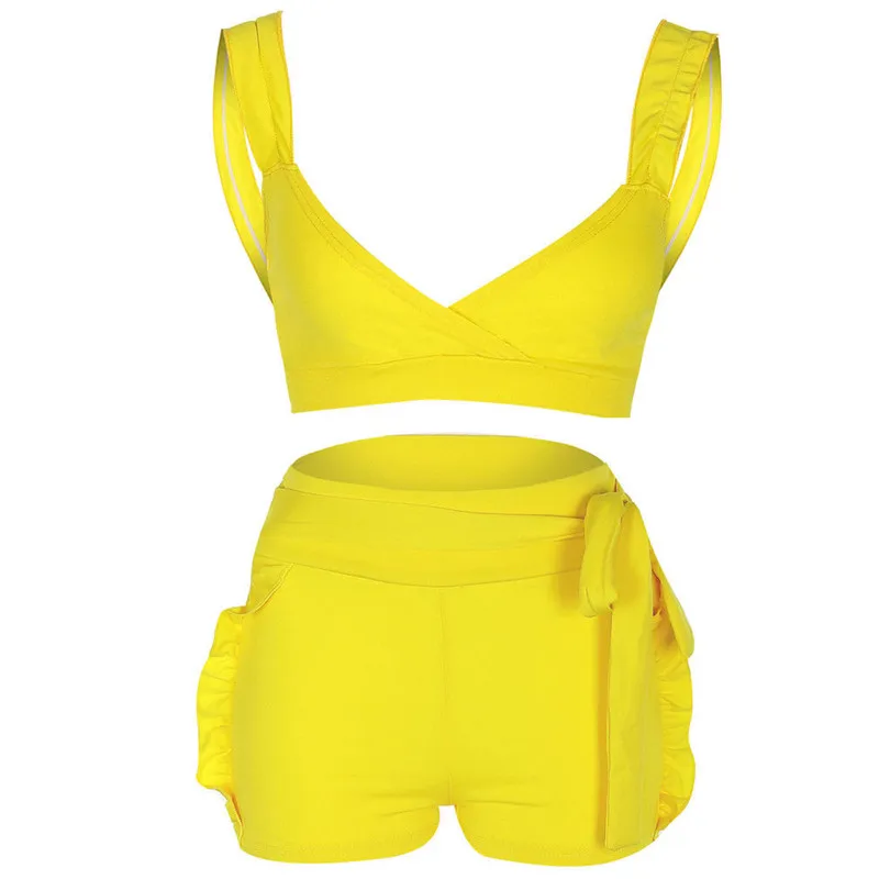 New Sexy Women Clubwear Summer solid yellow ruffles bow crop tops