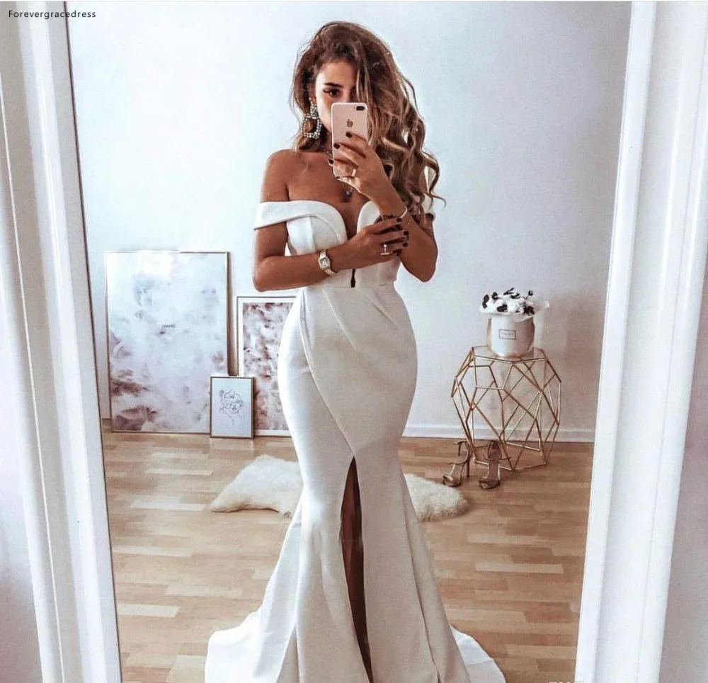 Elegant White Split Prom Dresses 2019 Mermaid Off Shoulder Pleats Long Robe de soriee Evening Gowns Formal Wear BC1717  117