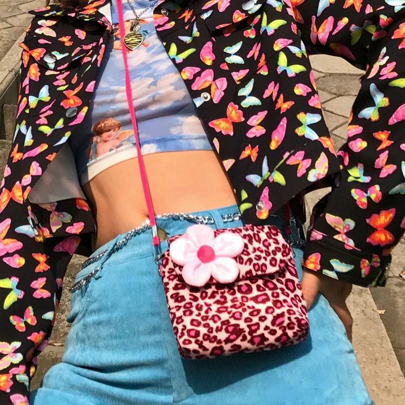 Харадзюку Модные Ретро розовые леопардовые мини сумки Крутые Девушки цветок сумки Kawaii Плюшевые сумки искусственный мех Портмоне кошелек женский