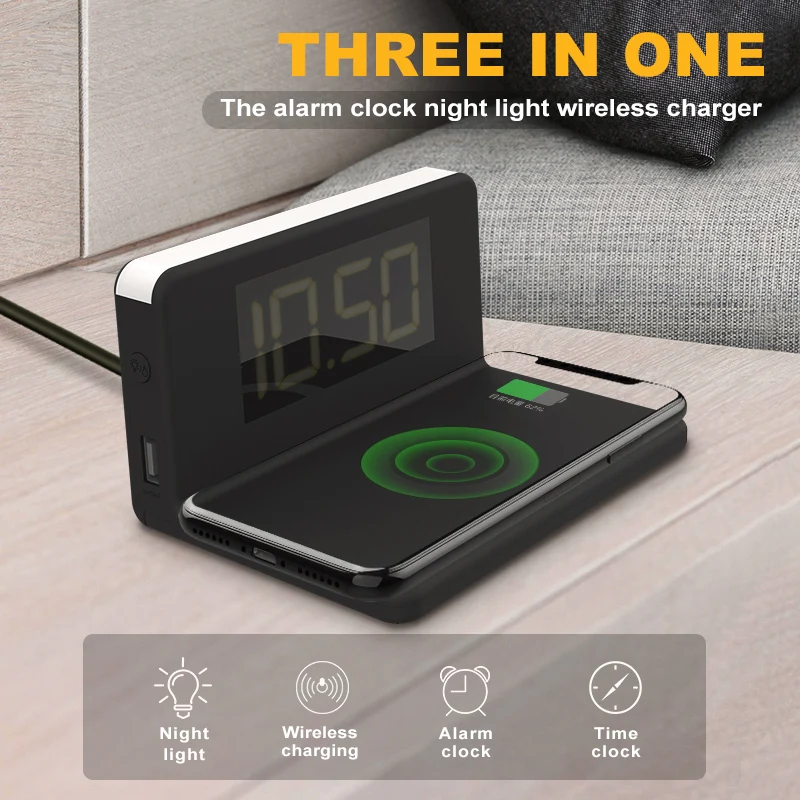 

10W Fast Wireless Charger 3 In 1 Multi-function Alarm Clock/ Night Light Mobile Phone Holder Smartphone Charging Dock Station