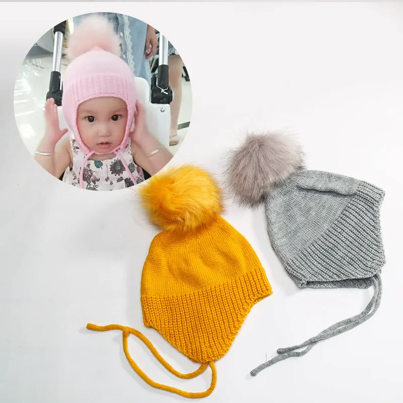 

Children Winter Faux Pearl Knitted Cap Fur Pompom Caps Kid Boys Girls Cotton Protect The Ears Hats Warm Beanies skullies