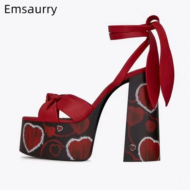 

High Platform Ankle Wrap Gladiator Sandals Women Knotted Open Toe Super High Heel Printed Heart 2019 Summer Catwalk Shoes Woman
