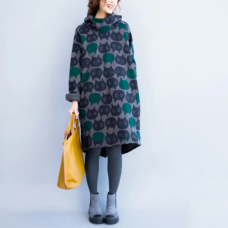 Новая мода осень-зима Для женщин Повседневное мини-платье с принтом Свободные длинным рукавом с капюшоном туника корейский стиль oversize теплое платье
