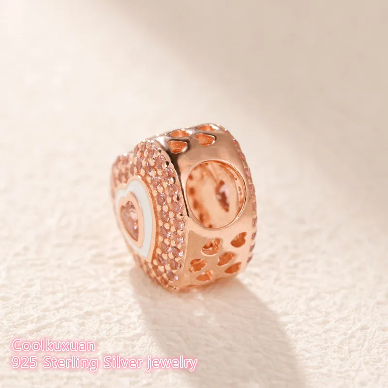 Spring 925 Sterling Silver Hearts on Hearts Charm Rose gold beads Fits Original Pandora bracelets Jewelry Making