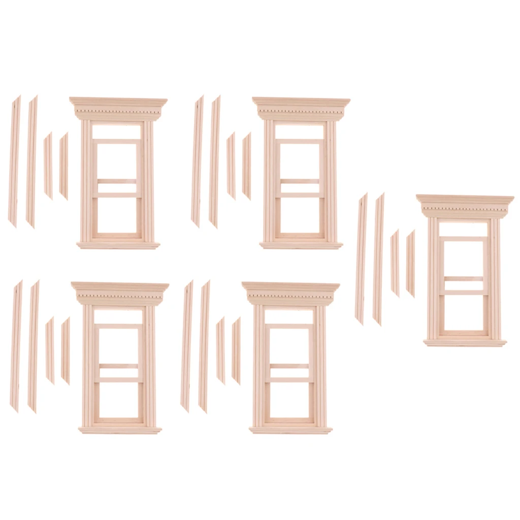 5 Set Unpainted 1/12 Dolls House Miniature Wooden Movable 2-Pane Sash Window Model DIY Making Accessory Collections