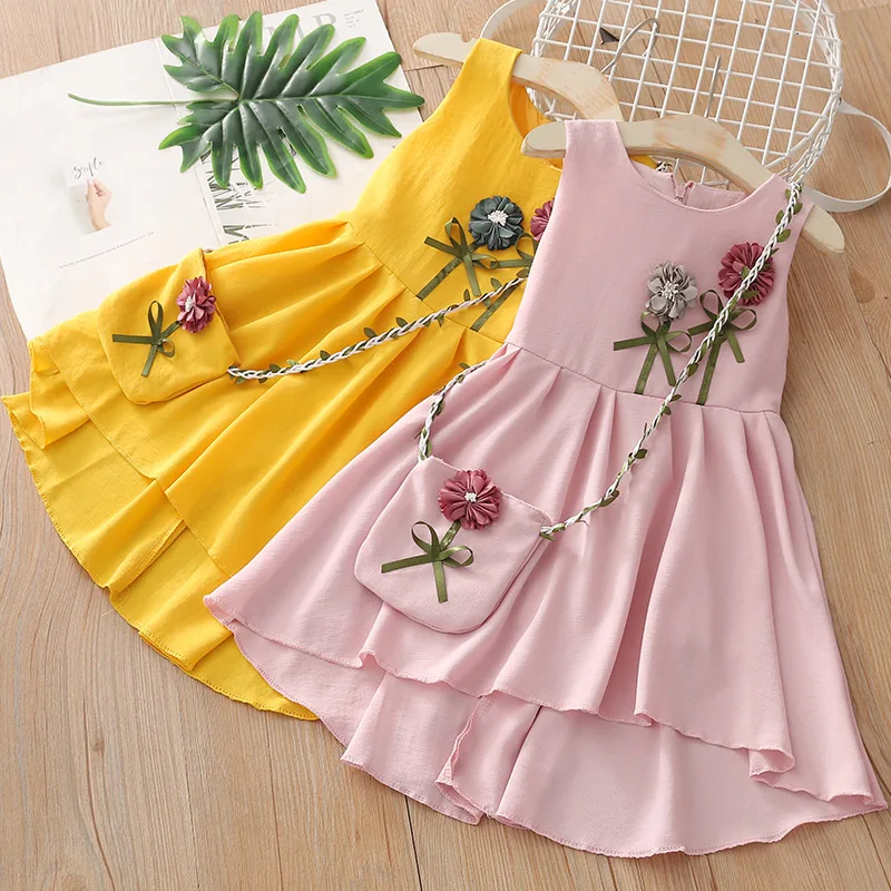 

2020 Summer 3-8 10 to 12 Years Teenager Cotton Novelty Floral Sleeveless Tank Lace Baby Sundress Dresses For Kids Girl With Bag