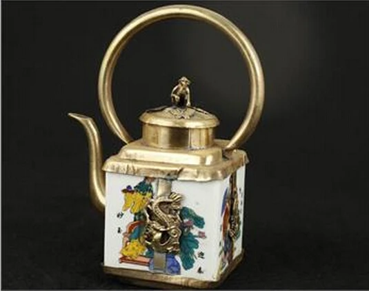 

B0601 516LOVELY CHINESE OLD PORCELAIN INLAY COPPER DRAGON TEA POT MODEL COLLECTABLE Garden Decoration 100% real Tibetan statue