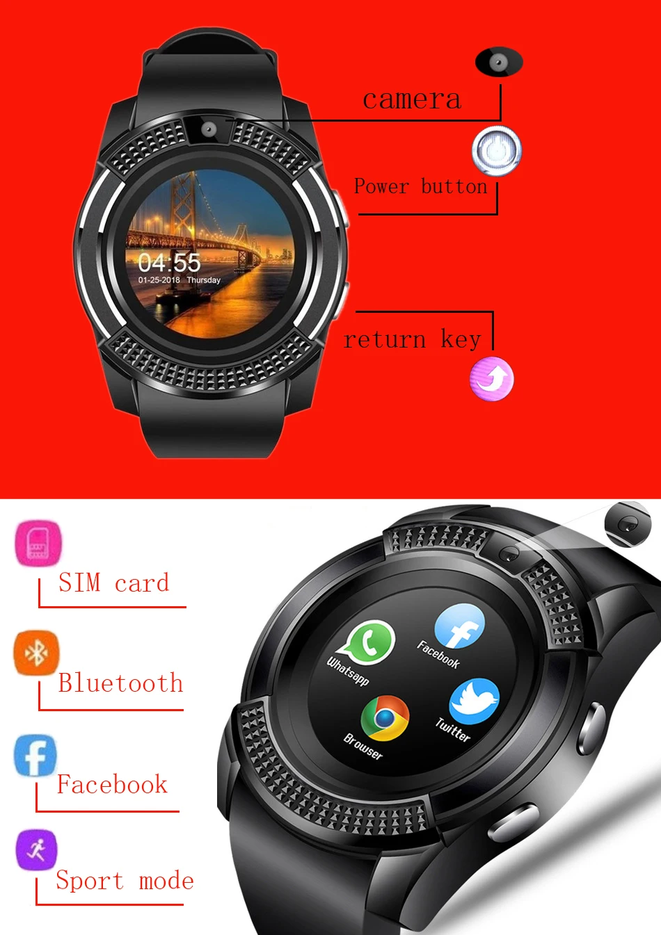 Smart watch Bluetooth Сенсорный экран Android Водонепроницаемая спортивная обувь для мужчин и женщин smart watch с камера сим-карта слот ПК DZ09