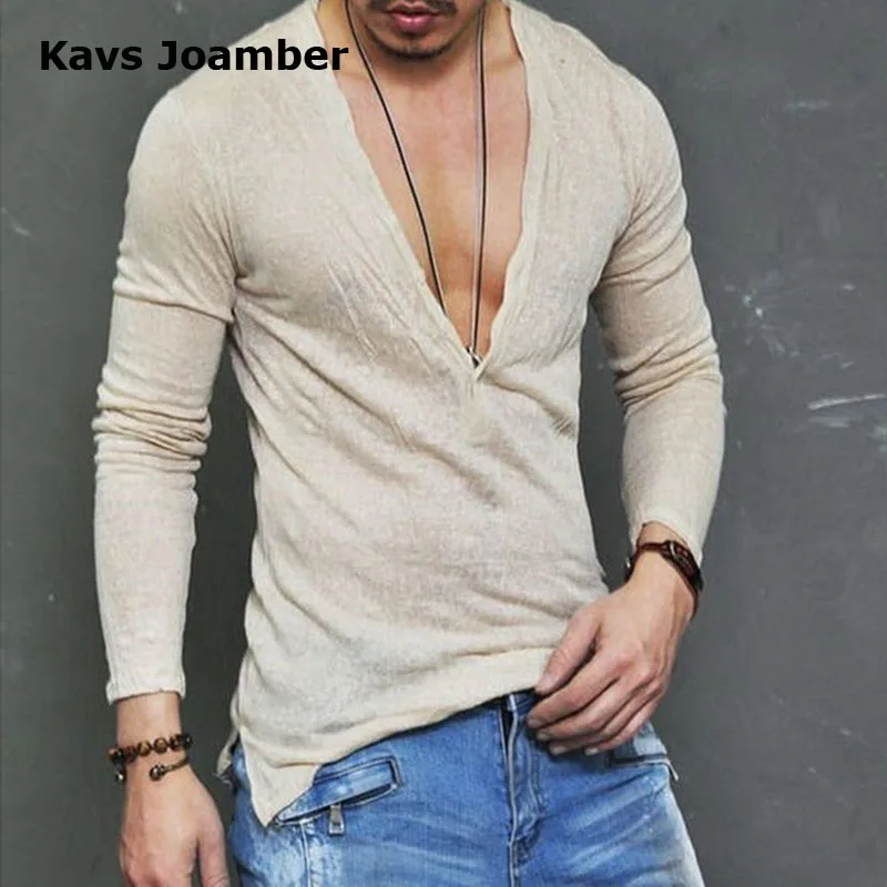 Kavs Joamber мужские футболки с глубоким v образным вырезом 2018 Весенняя Мужская блузка