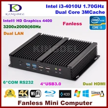 Fanless pc Intel Core i3 4010U mini pc 4G RAM+128G SSD, Dual lan,2 HDMI 6 COM rs232,WiFi,Windows 10