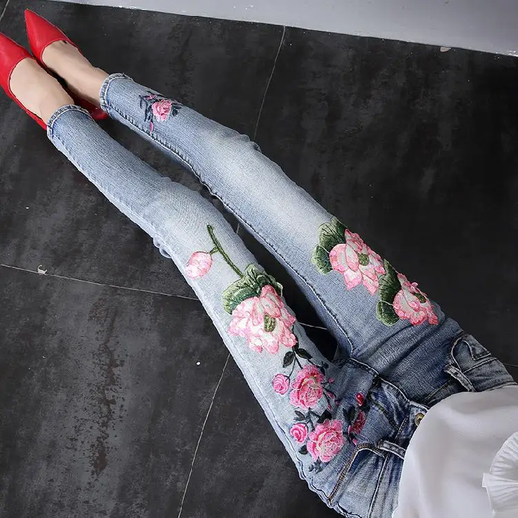 LYFZOUS узкие джинсы с вышивкой, женские джинсы с высокой талией, потертые джинсы с бабочкой лотоса, женские обтягивающие уличные джинсы, брюки - Цвет: as photo