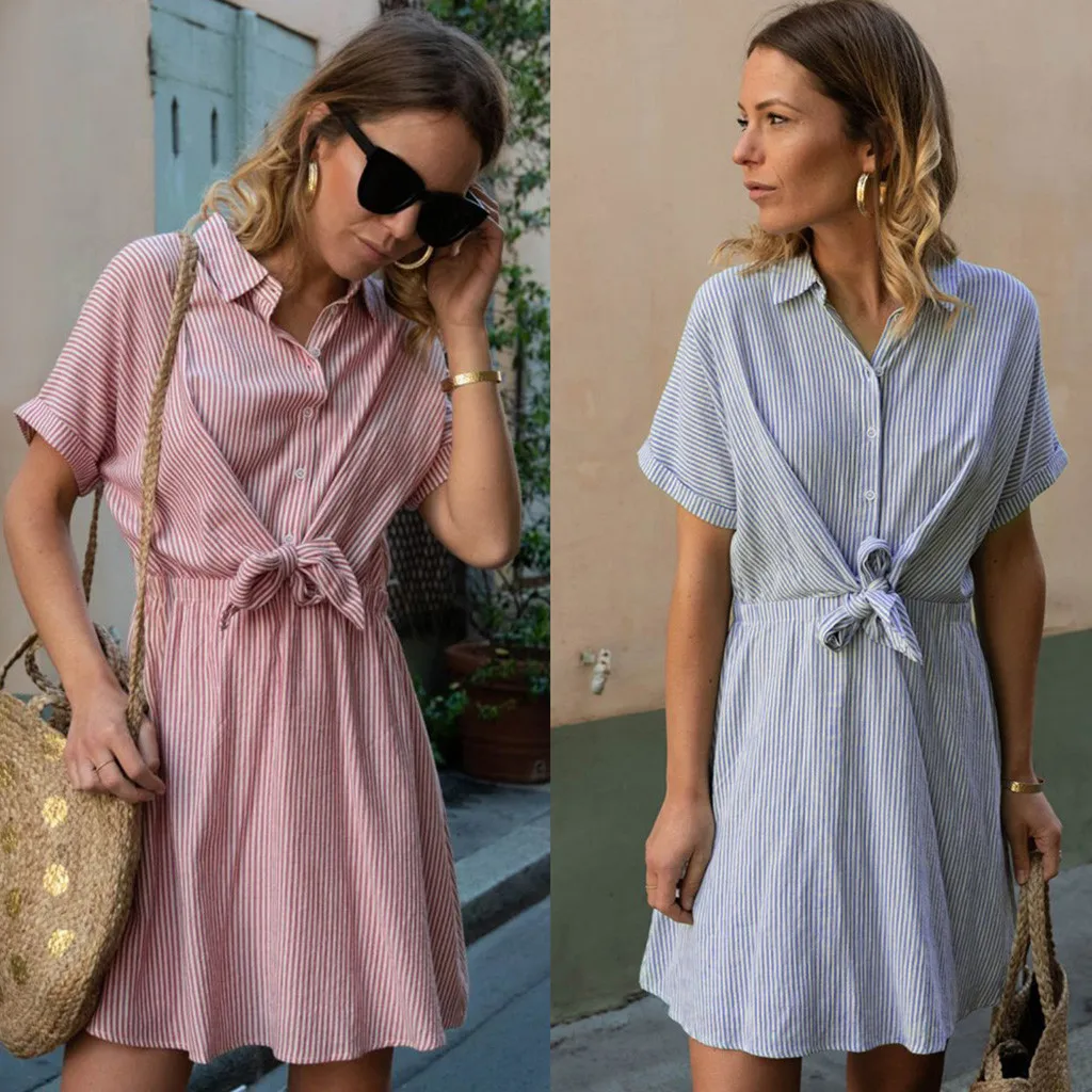 

Women Vintage Striped Print Button Short Sleeve Beach Dress fashion Ladies casual simple loose sashes dress vestido verano mujer