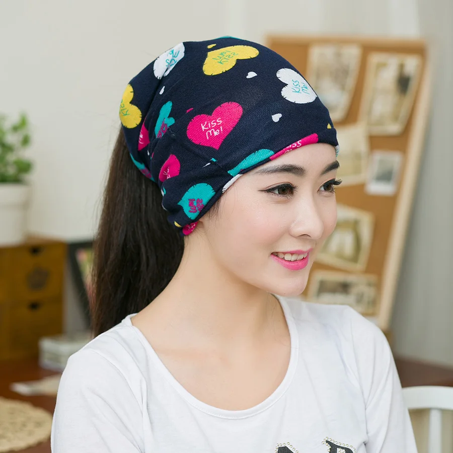 

1PC New Woman Spring & Autumn Gorros Women Beanie Ha 3 Way To Wear Bonnet Girls Lovely Heart Printed Beautiful Unisex Beanies