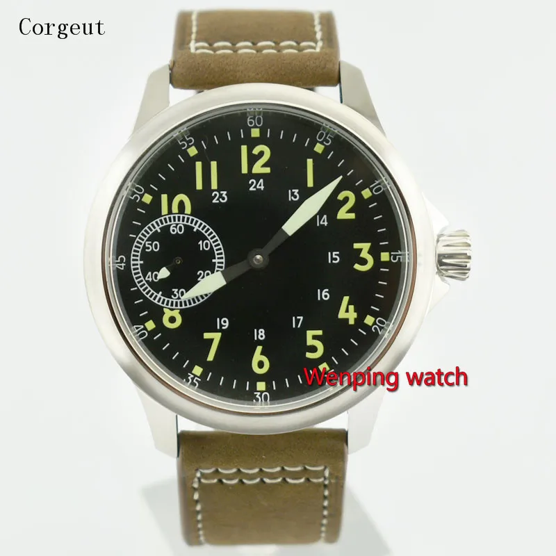 45 мм Corgeut стерильные Montre homme Sea gull 6497 Мужские часы с коричневым кожаным ремешком W2537