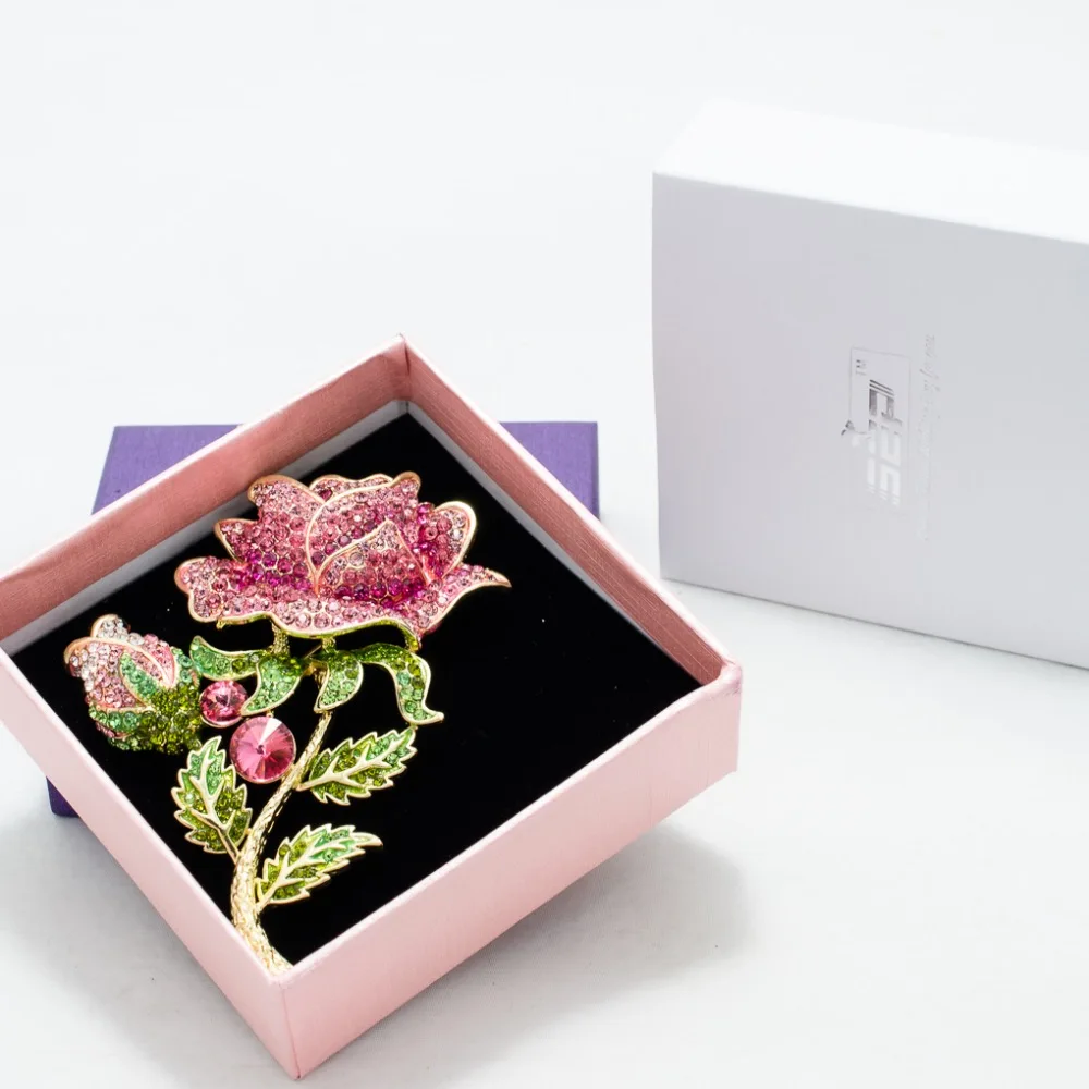 Rhinestone Crystal Big Rose Flower Leaves Bud Brooch Pin Broach For Woman  Jewelry Free shipping FA5068