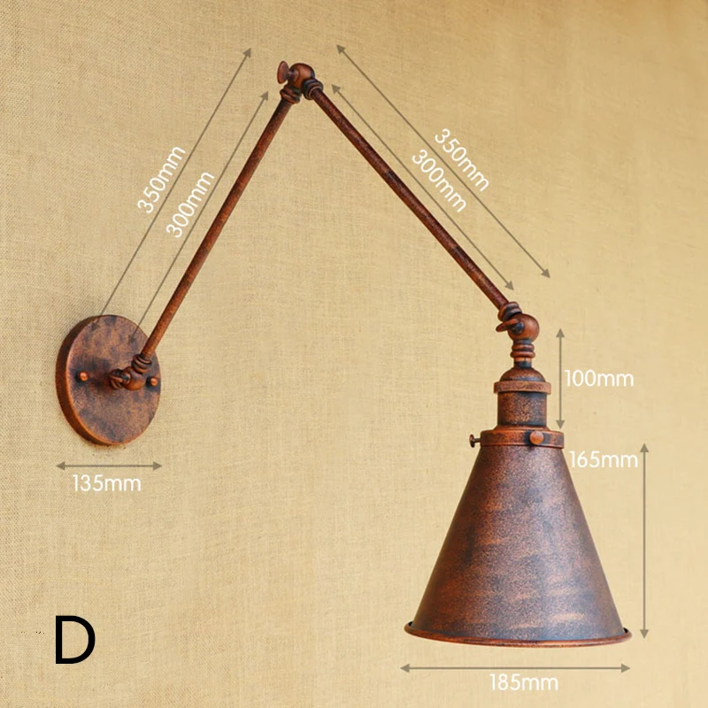 Винтаж Лофт Металл 220 В настенный светильник E27 светодио дный лампы регулируется 4 размера лампа arm промышленности гладить абажур для
