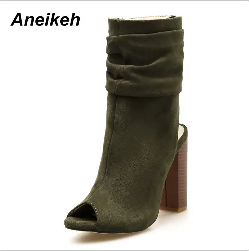 Aneikeh/весенние коричневые замшевые ботильоны на массивном каблуке; модные дизайнерские пикантные босоножки со складками на толстом каблуке; ботильоны - Цвет: Army green
