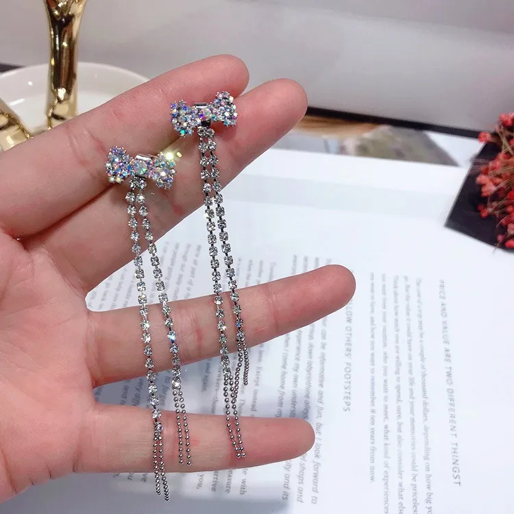 bow full cz tassel earring 925 silver post Hypoallergenic fadeless fashion jewelry stud earrings for women girl Christmas gift