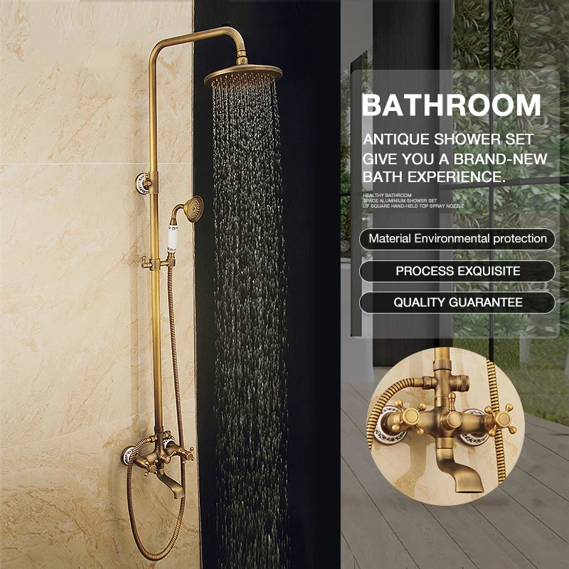 Smile Monkey Nieuw Vintage Antiek Messing Douchekraan Set Regendouche Keramiek Hand Showe Retro Wall Mount Luxe Douche set Smile Monkey Nieuw Vintage Antiek Messing Douchekraan Set Regendouche Keramiek Hand Showe Retro Wall Mount Luxe Douche set