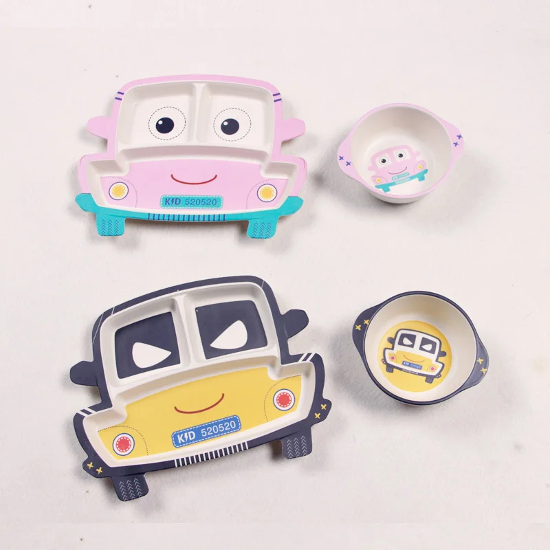 

AYC 5pcs/set car shape baby plate bow cup fork spoon tableware feeding set, 100% bamboo fiber baby child cutlery set