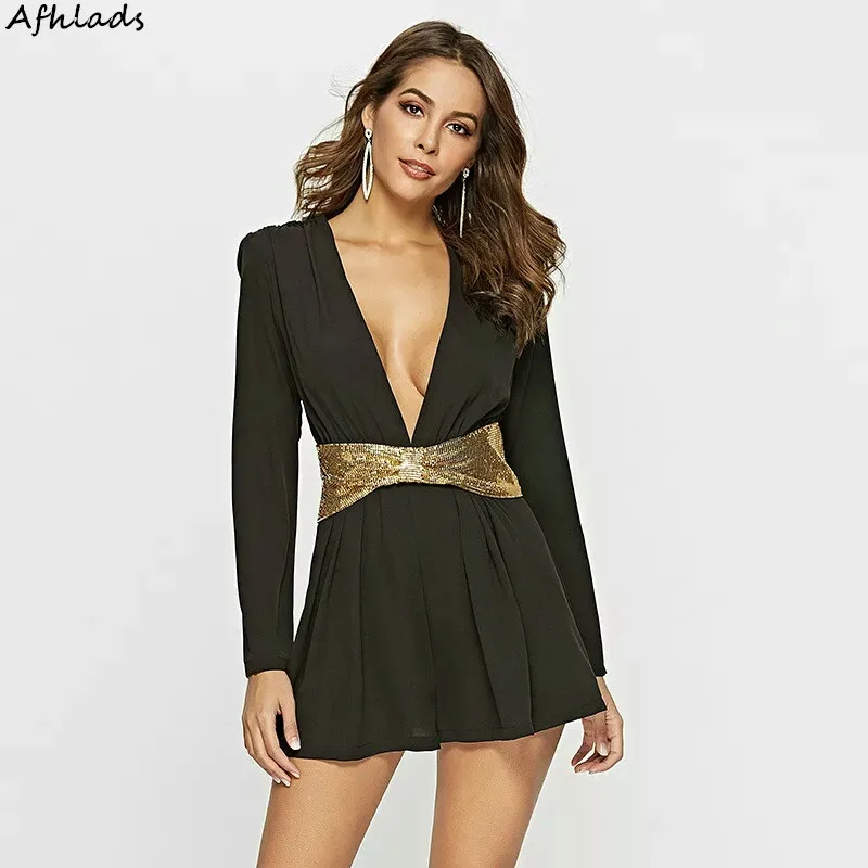 

2019 Spring And Autumn New Korean Sexy High Waist Jumpsuit Slim Thin Wild Casual Long Sleeve Sequined Short Jumpsuit Female