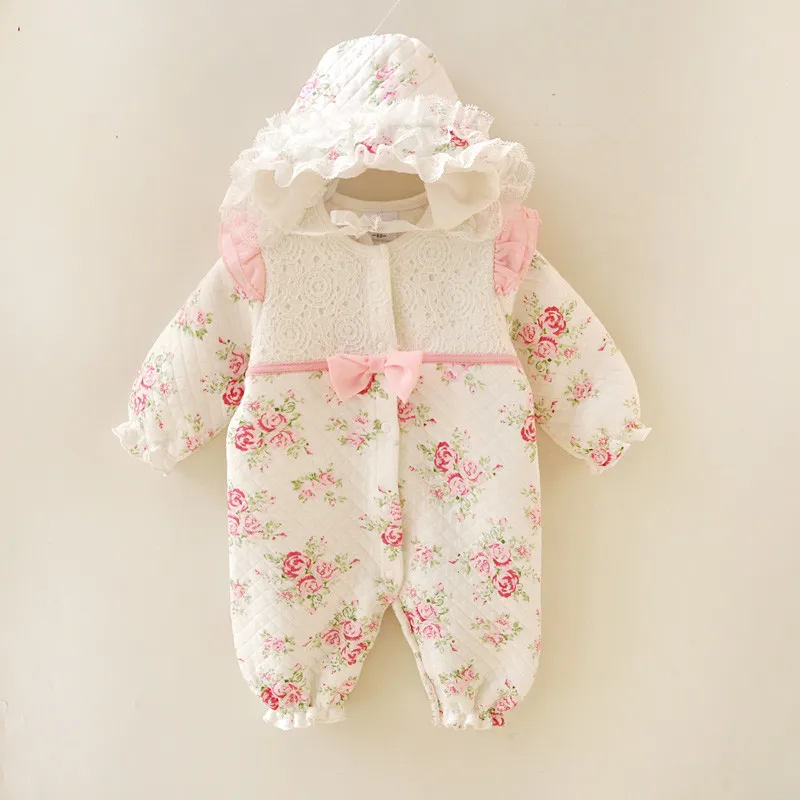 Winter Newborn Baby Girl Clothes Thicken Formal Princess Jumpsuit Clothing Sets Girl Rompers Hats