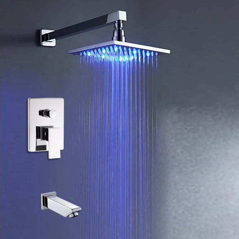 Polished Chrome Led Light Square Rainfall Shower Faucet with Tub Spout Shower Mixer Taps Wall Ceiling