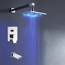 Polished Chrome Led Light Square Rainfall Shower Faucet with Tub Spout Shower Mixer Taps Wall Ceiling