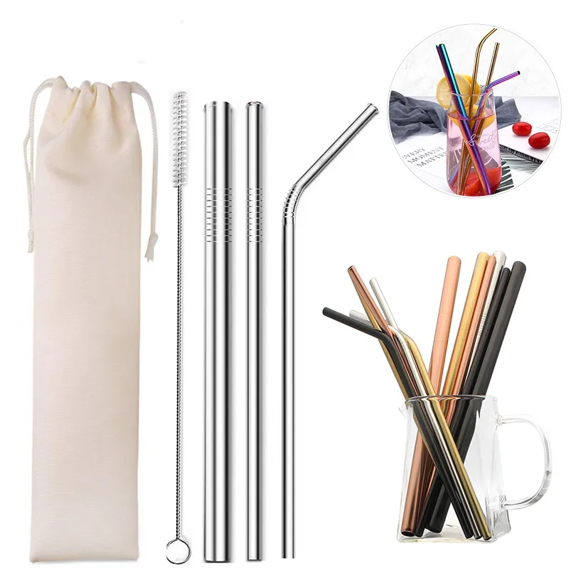 

Reusable Drinking Straw High Quality 304 Stainless Steel Metal Straw with Cleaner Brush Portable Bag For Mugs Coffee Milk Tea