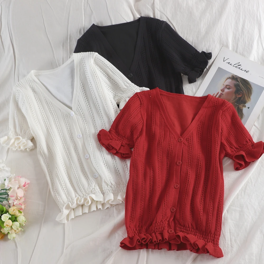 

Women Summer V-Neck Flare Sleeve Hollow Out Knitted Ruffles Basic Shirts Casual Short Elastic Slim Cardigan Button Blouse Tops