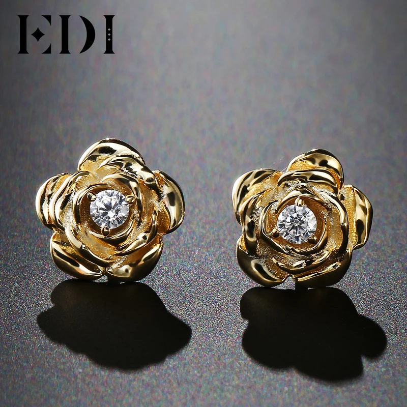EDI Genuine Moissanites Diamond 14k 585 Rose Gold Stud Earrings Rose Floral Female Wedding Fine Jewelry