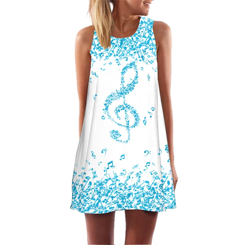 

MEIBONA Women Retro Dress Summer Loose Beach Wear Musical Note Print Short Dress Above Knee Tank Dress Sukienki Robe Femme
