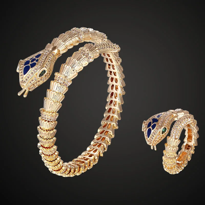 Zlxgirl Brand Blue enamel Snake Animal full micro pave setting zircon love's bangle with ring set classic bracelet accessory - Окраска металла: gold ring 9