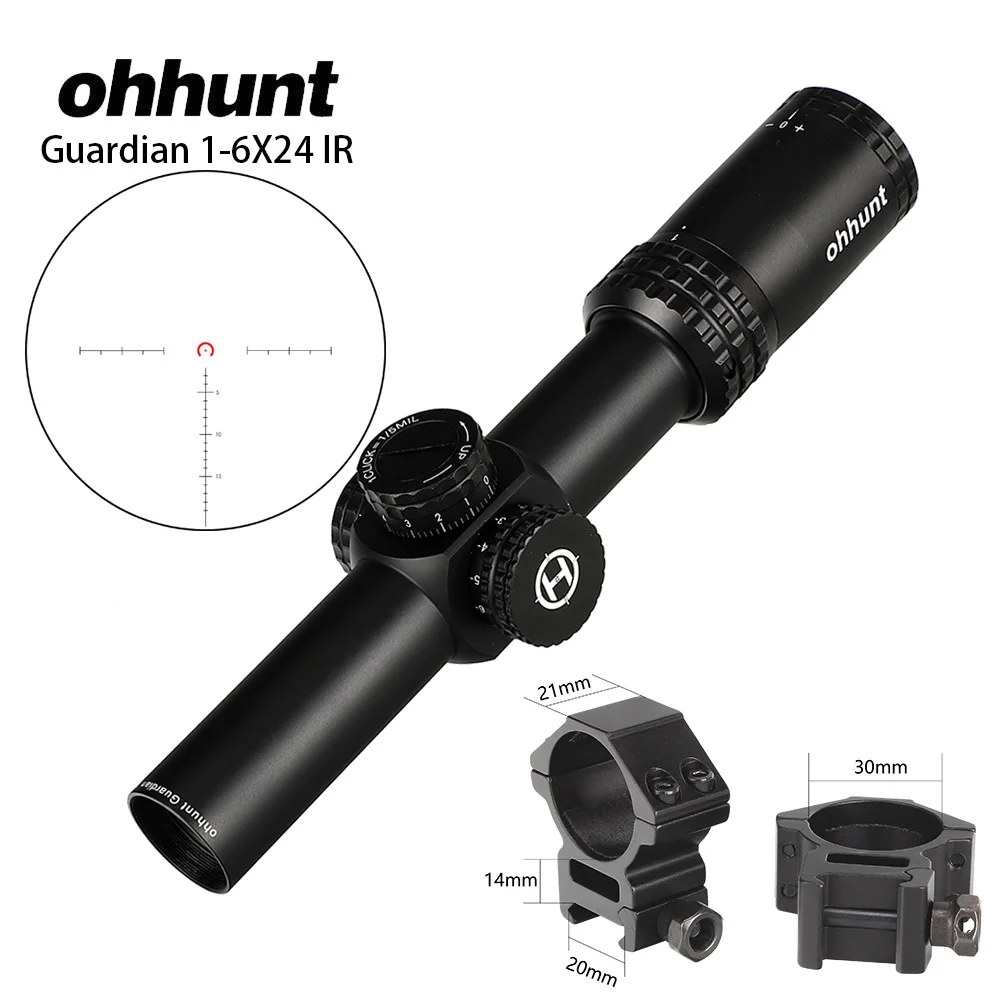 Тактический ohhunt Guardian 1-6X24 IR охотничьи оптические прицелы компактное стекло гравированное сетка llluminate башенки Блокировка сброса оптического прицела - Цвет: with Picatinny Rings